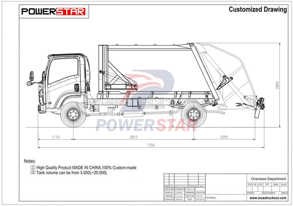 Technical drawing of Isuzu 4x2 700P garbage compactor truck