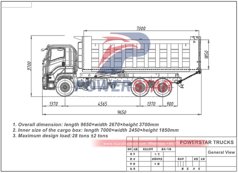 Technical drawing of ISUZU 6WG1 420HP Middle lifting Dump Truck