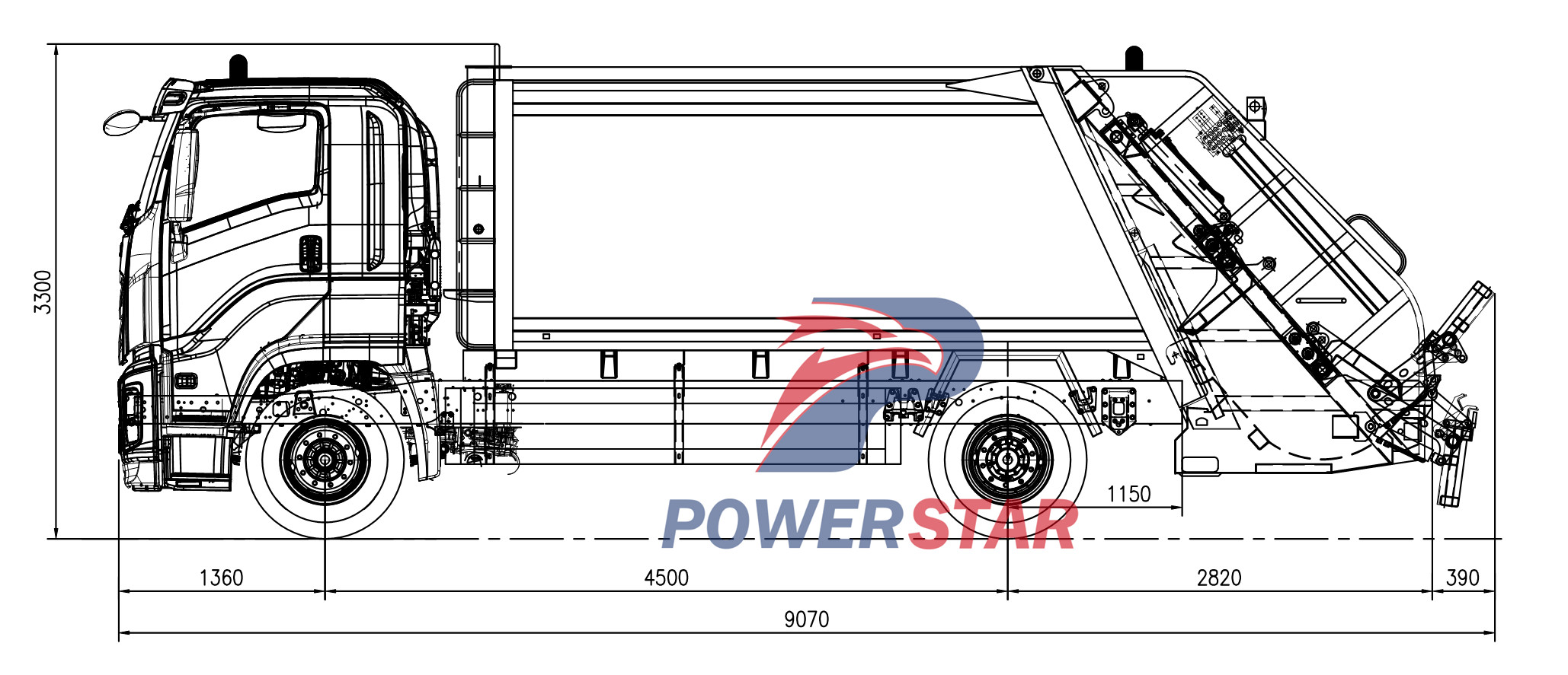 Technical drawing of Isuzu new FVR 14cbm waste collection truck